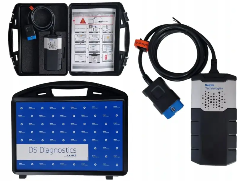 Zestaw Delphi DS Diagnostics: interfejs diagnostyczny, kabel, instrukcja i tablet.