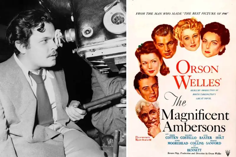 Orson Welles bakom kameran, bredvid en affisch för hans film "The Magnificent Ambersons".