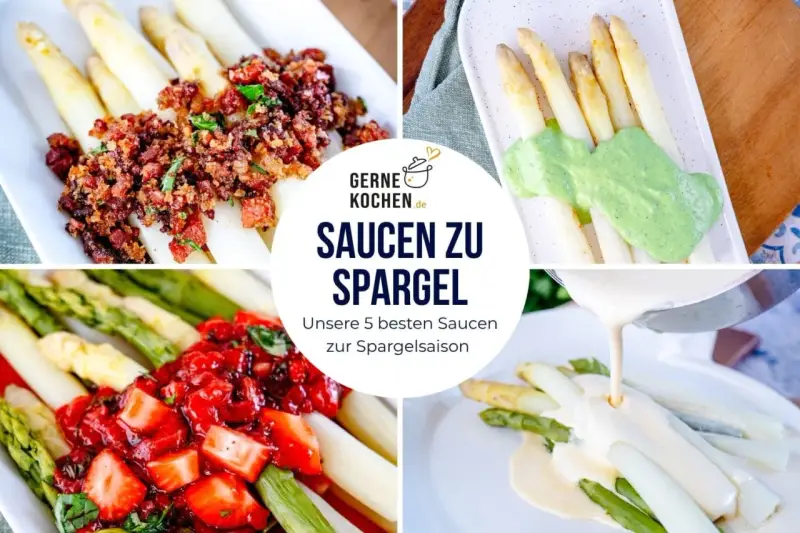 Vier Collagen-Bilder zeigen Spargel mit verschiedenen Saucen: mit Speck, grüner Sauce, Erdbeeren und Hollandaise. Perfekte Saucen zu Spargel.