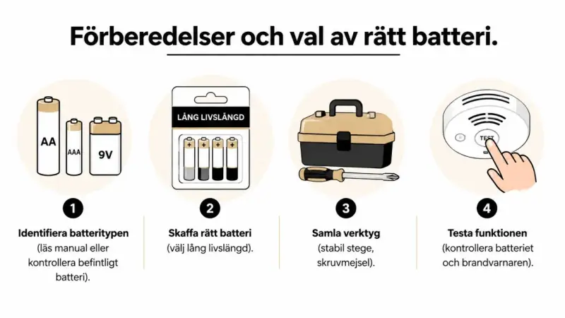 Steg för att byta batteri i brandlarmet: identifiera batterityp, skaffa rätt batteri, samla verktyg och testa funktionen så att brandlarmet inte piper i onödan.