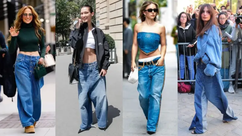 Cztery dziewczyny w stylu downtown girl prezentują szerokie jeansy i krótkie topy.