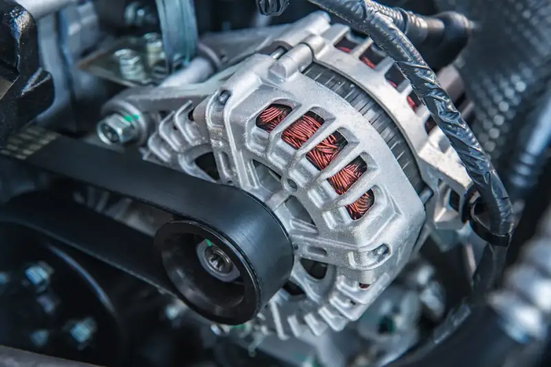 Il componente metallico argentato con fili di rame visibili è un alternatore, essenziale per generare elettricità nel motore.