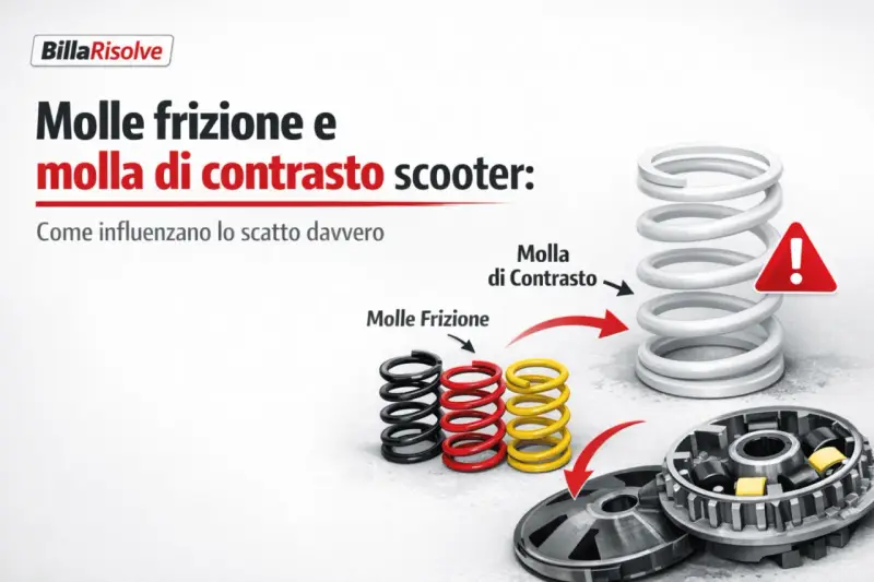 Molle frizione e molla di contrasto scooter: come influenzano lo scatto. La molla di contrasto, più grande, è cruciale per il rapporto più basso del cambio di velocità.