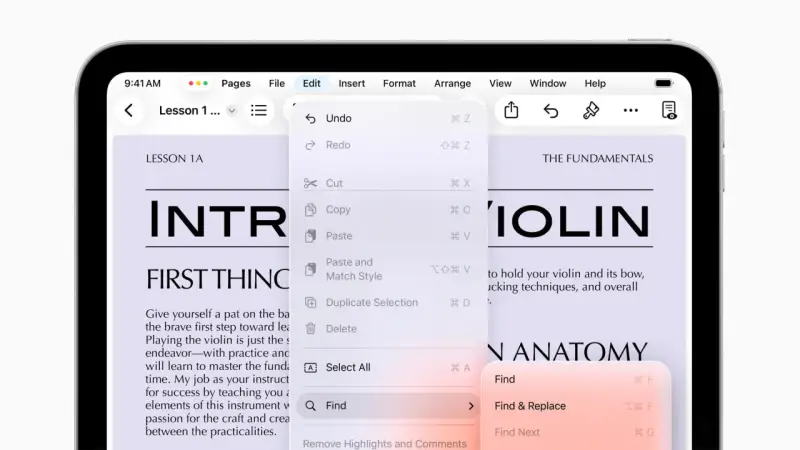 Na ekranie iPada z systemem iPadOS 26 widać menu Edycja z opcjami Undo, Redo, Cut, Copy, Paste i Find.
