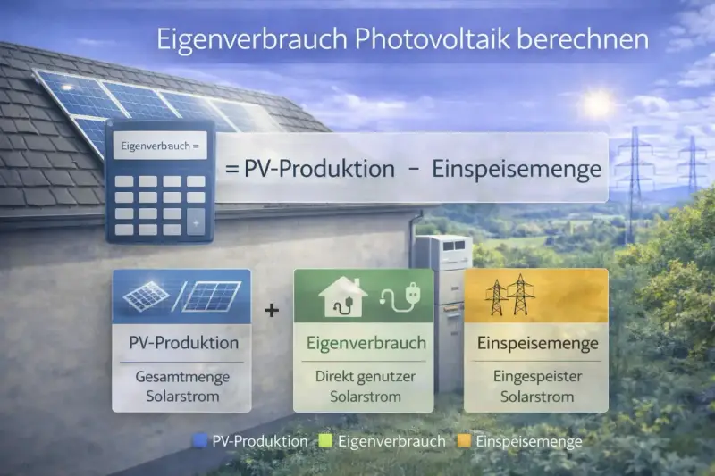 Berechnung des Eigenverbrauchs von PV-Anlagen: PV-Produktion minus Einspeisemenge ergibt den direkt genutzten Solarstrom.
