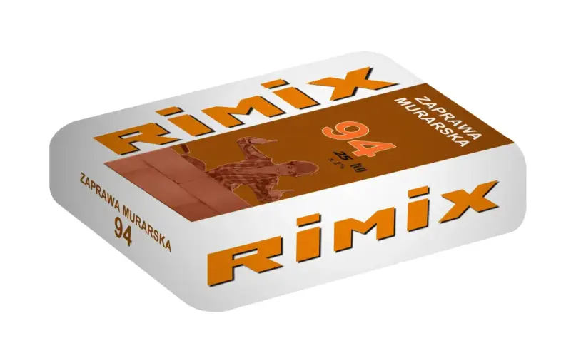 Opakowanie zaprawy murarskiej Rimix 94, 25 kg, z wizerunkiem murarza.