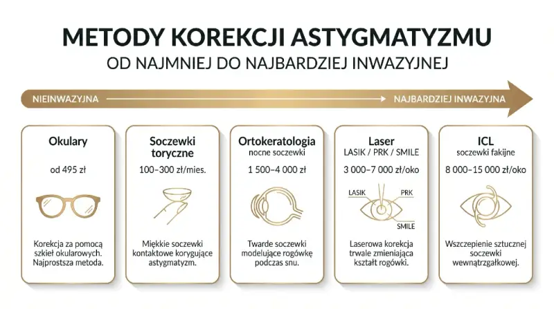 Metody korekcji astygmatyzmu: okulary, soczewki, ortokorekcja, laser, ICL. Od najmniej do najbardziej inwazyjnej, zależnie od wieku i potrzeb.