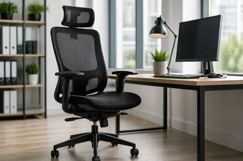 Ergonomiczne krzesło biurowe z siatki, idealne do pracy przy biurku, gdzie liczy się komfort i swoboda, czyli **odpowiadanie z wolnej stopy**.