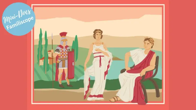 Illustration de la Rome antique avec un soldat, une femme et un homme assis.