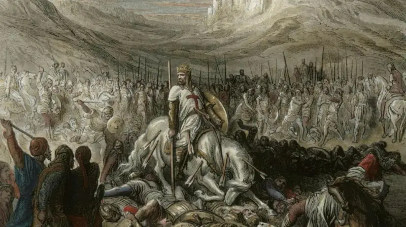 Ein Ritter auf einem weißen Pferd, umgeben von Pfeilen und gefallenen Kriegern. Seine Rüstung ist schlicht, was die spartanische Bedeutung von Einfachheit und Härte unterstreicht.