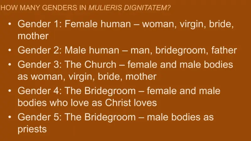 List of genders in Mulieris Dignitatem: Female human (woman, virgin, bride, mother), male human, the Church as bride, the Bridegroom, and male bodies as priests.