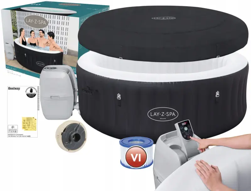 Nadmuchiwana wanna Lay-Z-Spa Miami z akcesoriami: pompą, filtrem i pokrywą.