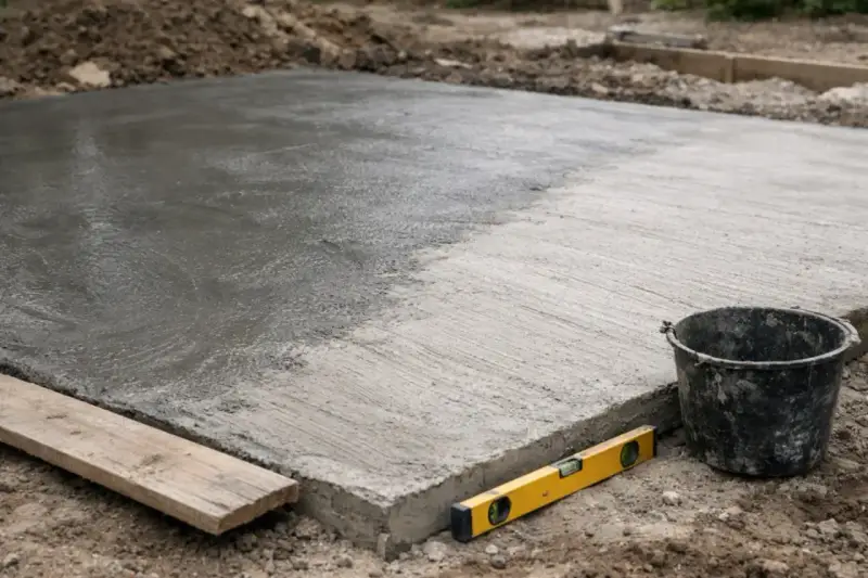 Świeżo wylany beton na placu budowy. Poziomica i wiadro obok. Czas wiązania betonu B25 zależy od warunków.