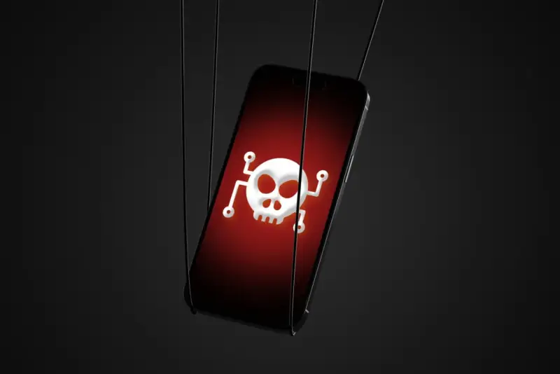 Un iPhone con un símbolo de calavera y tibias cruzadas en la pantalla, sugiriendo cómo saber si mi iPhone tiene un virus.