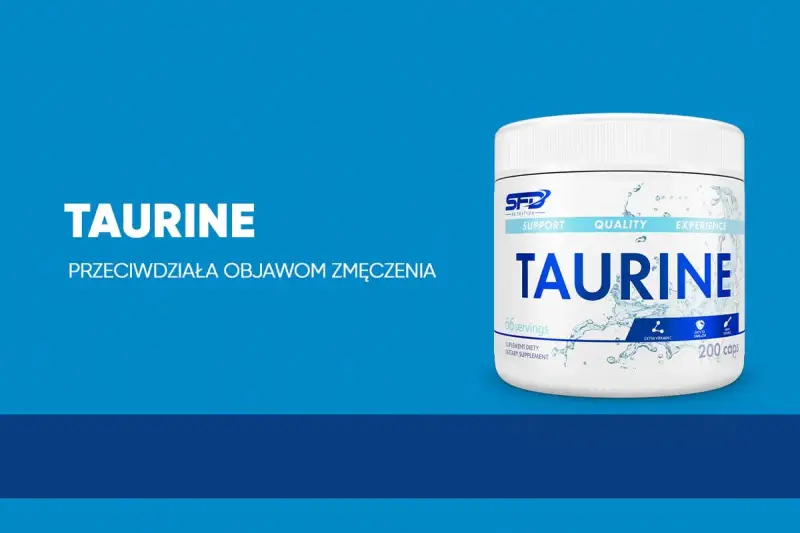 Biały pojemnik z suplementem diety Taurine, który przeciwdziała objawom zmęczenia. Idealny dla sportowców.