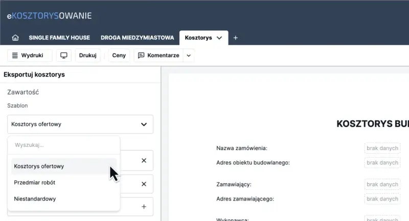Wybieranie szablonu "Kosztorys ofertowy" do eksportu kosztorysu inwestorskiego.