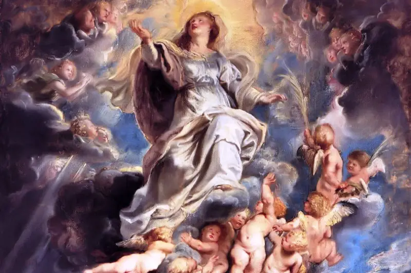 Wniebowzięcie Najświętszej Maryi Panny wśród aniołów i chmur. Jej postać otoczona jest blaskiem, a wokół niej unoszą się liczne putta.