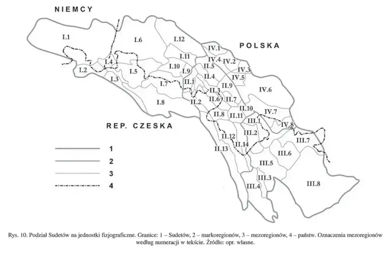 Podział gór w Polsce: mapa Sudetów z zaznaczonymi mezoregionami i granicami państwowymi.