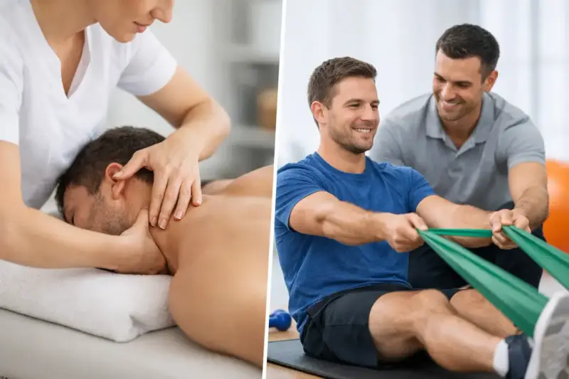Mann erhält Nackenmassage, ein anderer Mann trainiert mit Theraband. Beide erfahren professionelle manuelle Therapie für Wohlbefinden und Fitness.