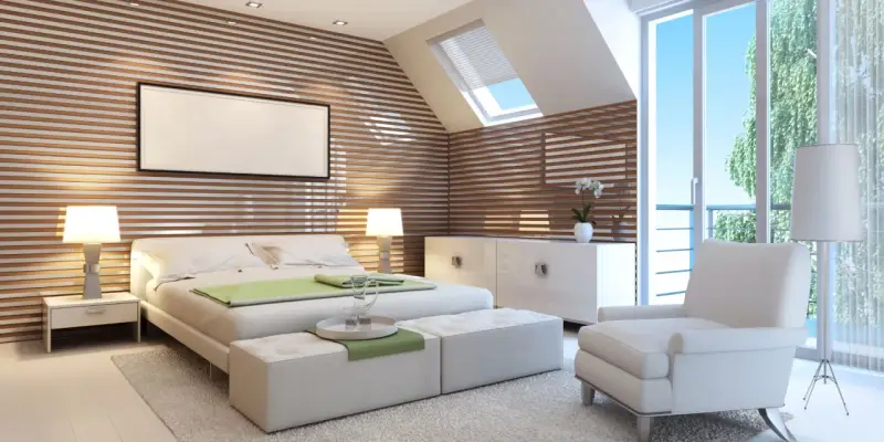 Chambre moderne avec mur en lattes de bois. Estimation du prix pour peindre une chambre de 12m2.