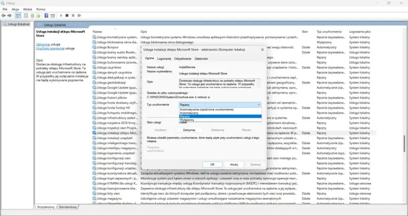 Wyłączanie usługi instalacji sklepu Microsoft Store w celu **windows 11 debloat**.