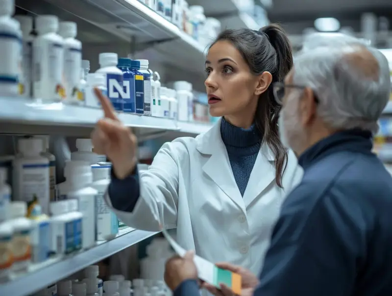 Młody technik farmacji w białym fartuchu wskazuje starszemu panu na lek na półce aptecznej.