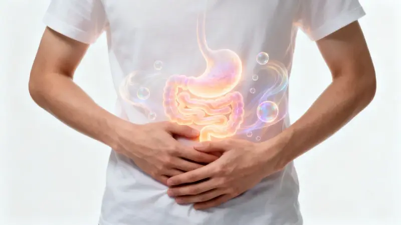 Ein Mann hält sich den Bauch, auf dem Magen und Darm leuchten. Bläschen und Rauch deuten auf ein Gluckern im Bauch hin.