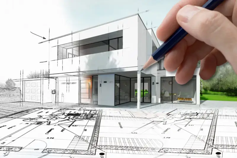 Dłoń trzyma ołówek nad szkicem nowoczesnego domu, który przechodzi w wizualizację. Architekt tworzy marzenie.