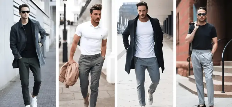 Four men showcase stylish gray pants outfits, from casual to smart-casual looks.