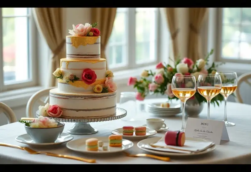 Un magnifique gâteau à trois étages orné de fleurs et de dorures, prêt pour un repas mariage. Des macarons et des coupes de champagne complètent la scène.