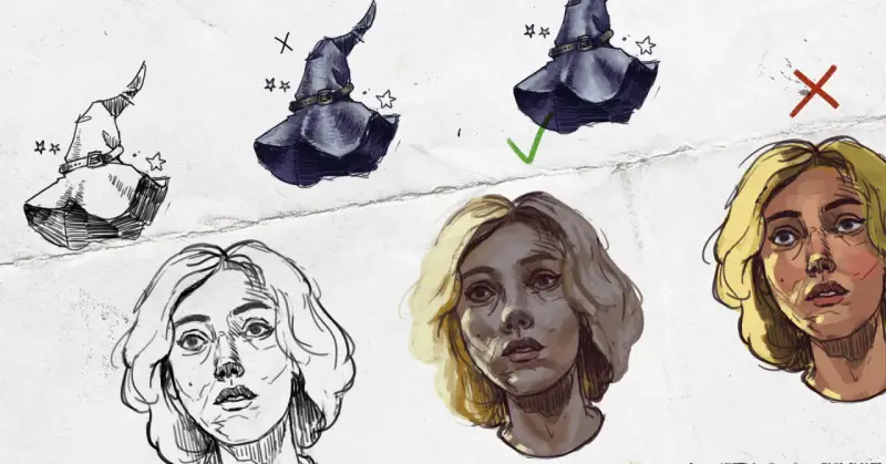 Szkice postaci i kapeluszy czarownic, pokazujące proces tworzenia w digital painting. Kurs artystyczny.