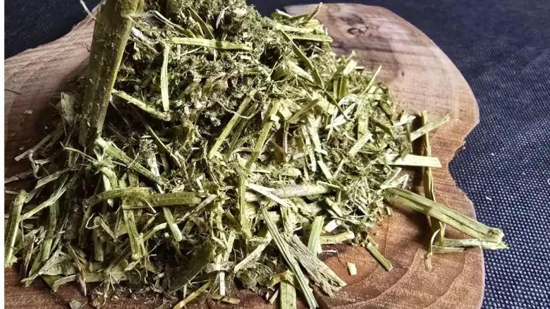Suszone łodygi lucerny dla koni, przygotowane na drewnianej desce.