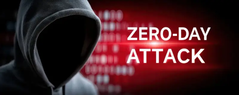 Sylwetka hakera w kapturze na tle czerwonego ekranu z napisem "ZERO-DAY ATTACK" i rozmytym kodem binarnym.
