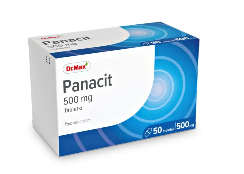 Opakowanie leku Panacit 500 mg, zawierające 50 tabletek z paracetamolem. Idealny na ból głowy.