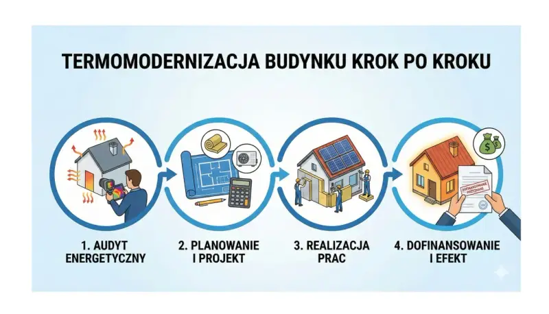 Proces termomodernizacji budynku: audyt, planowanie, realizacja prac, dofinansowanie i efekt.