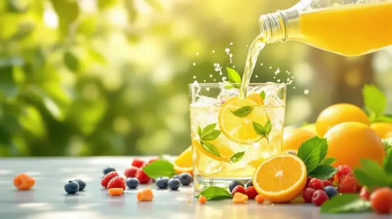 Verre de boisson rafraîchissante avec des rondelles de citron et des feuilles de menthe, arrosé d'un liquide jaune. Autour, des fruits rouges, des myrtilles et des oranges. Une boisson parfaite pour l'hydratation, une eau electrolyte naturelle.