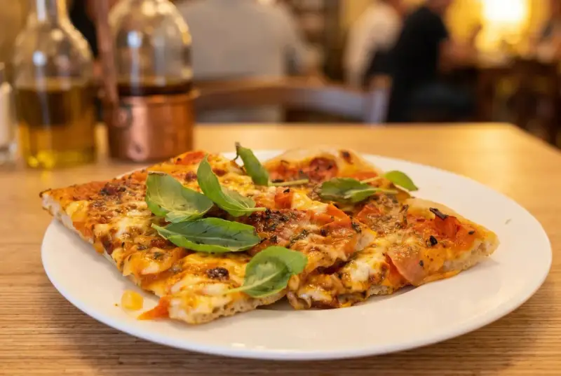 Pyszna pizza na talerzu, idealna odpowiedź na pytanie: gdzie zjeść w Rzymie. W tle butelki z oliwą i widok na restaurację.