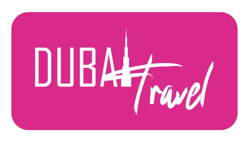 Logo z napisem "DUBAI Travel" i sylwetką Burdż Chalify. Planujesz podróż do Zjednoczonych Emiratów Arabskich? Wiza do Dubaju czeka!