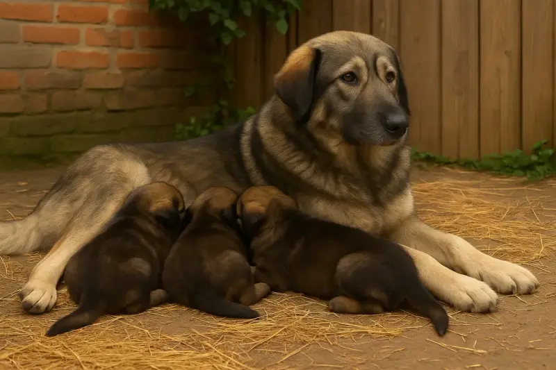Un majestueux berger des Carpates veille sur ses trois adorables chiots blottis contre lui, dans une scène paisible de tendresse maternelle.