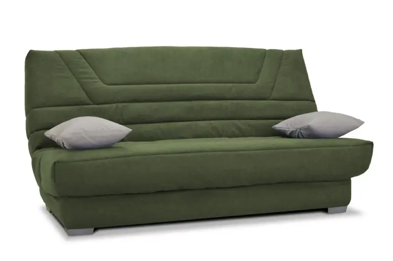 Canapé convertible vert kaki, deux coussins gris, taille clic clac standard. Parfait pour un petit espace.