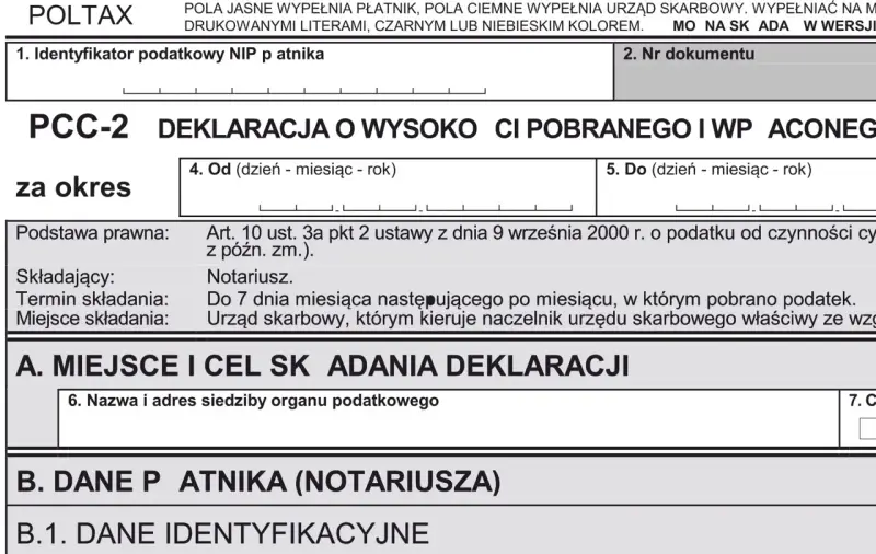Deklaracja PCC-2 o wysokości pobranego podatku od czynności cywilnoprawnych, np. podatek od zakupu nieruchomości.