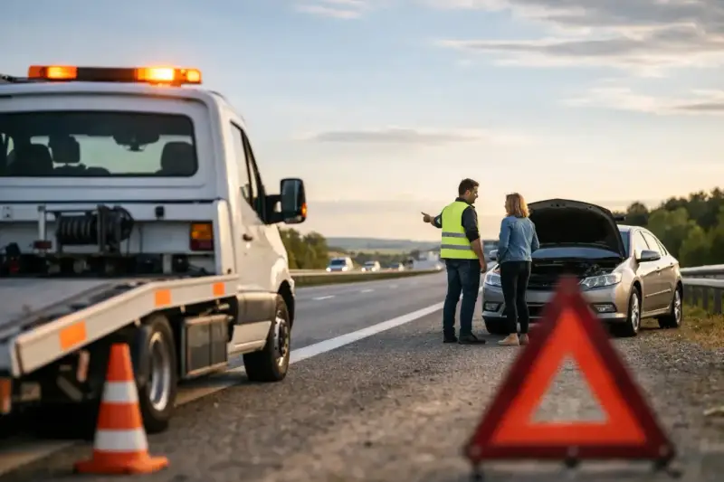 Awaria samochodu za granicą? Krótkoterminowe assistance pomoże Ci wrócić na drogę. Na poboczu stoi laweta, a kierowca rozmawia z kobietą przy otwartej masce auta.