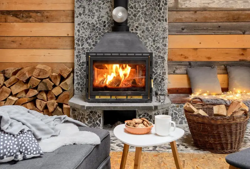 Przytulne wnętrze z palącym się kominkiem, stosem drewna i kawą. Idealne miejsce, by zastanowić się, czy można palić w kominku.