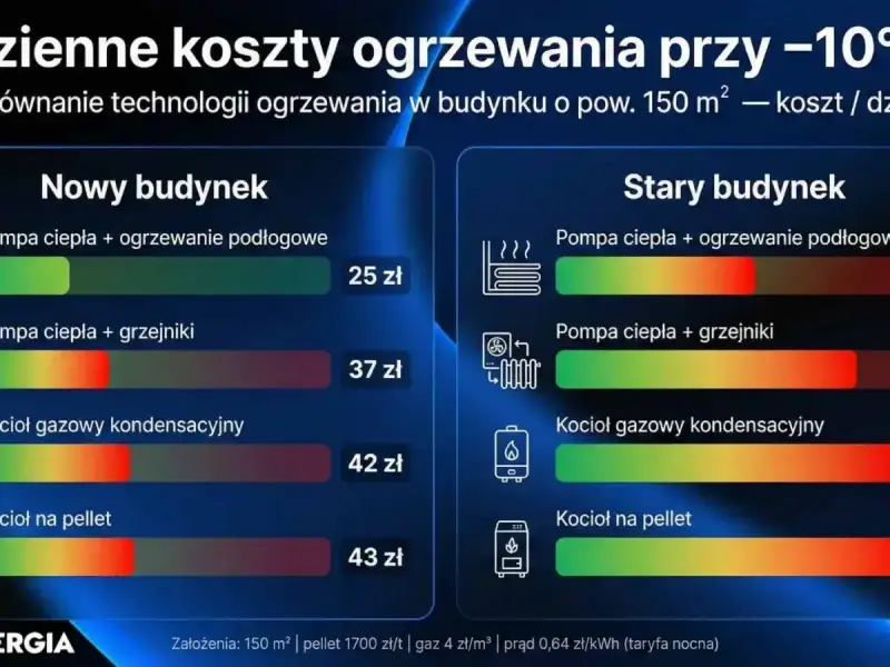 Porównanie dziennych kosztów ogrzewania w nowym i starym budynku. Wykres pokazuje, że pompa ciepła z ogrzewaniem podłogowym jest najtańsza.