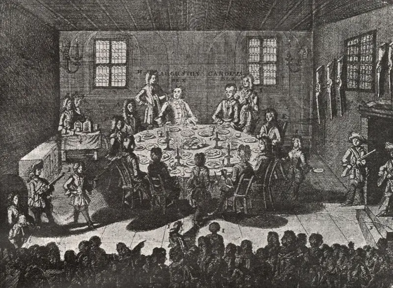 Uczta w sali, symbolizująca kulturę polskiego oświecenia. Ludzie przy stole, muzycy i widzowie tworzą atmosferę epoki.