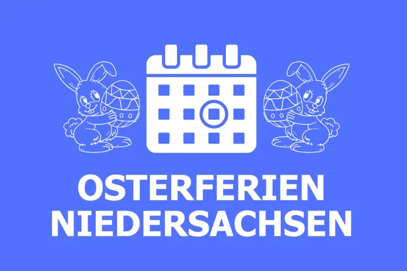 Osterferien 2025 Niedersachsen: Kalender mit Hasen und Ostereiern.