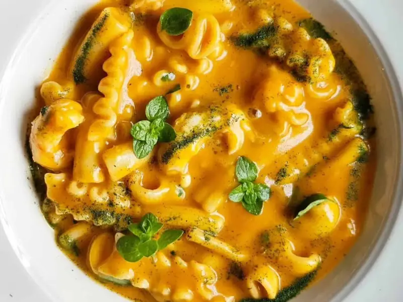 Un piatto di pasta cremosa, uno dei sapori dei ristoranti tipici pugliesi, guarnito con erbe fresche.