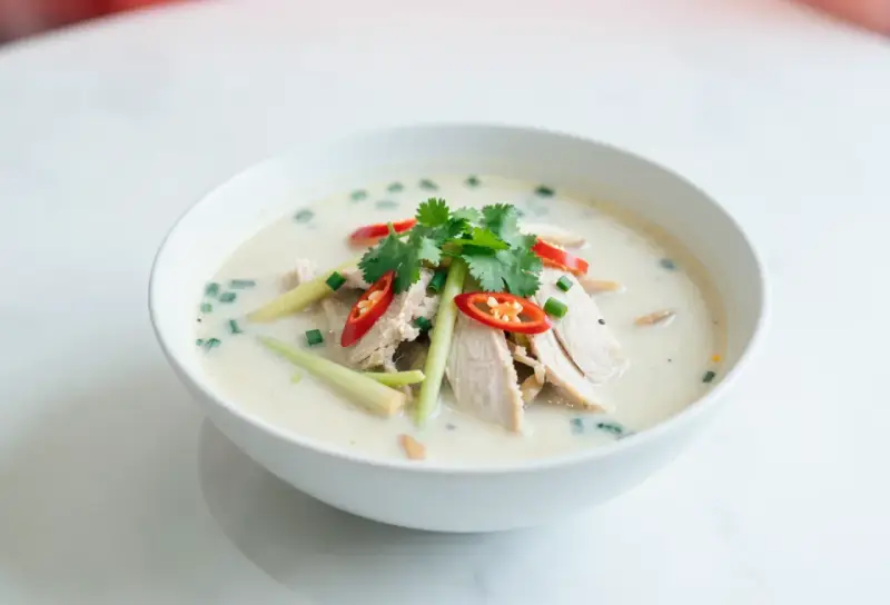 Aromaticzna zupa tom kha z kurczakiem, ozdobiona kolendrą, chili i trawą cytrynową.