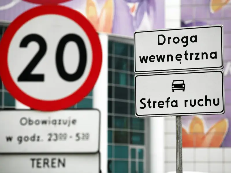 Znak ograniczenia prędkości do 20 km/h i tablica informująca o wjeździe do strefy ruchu.