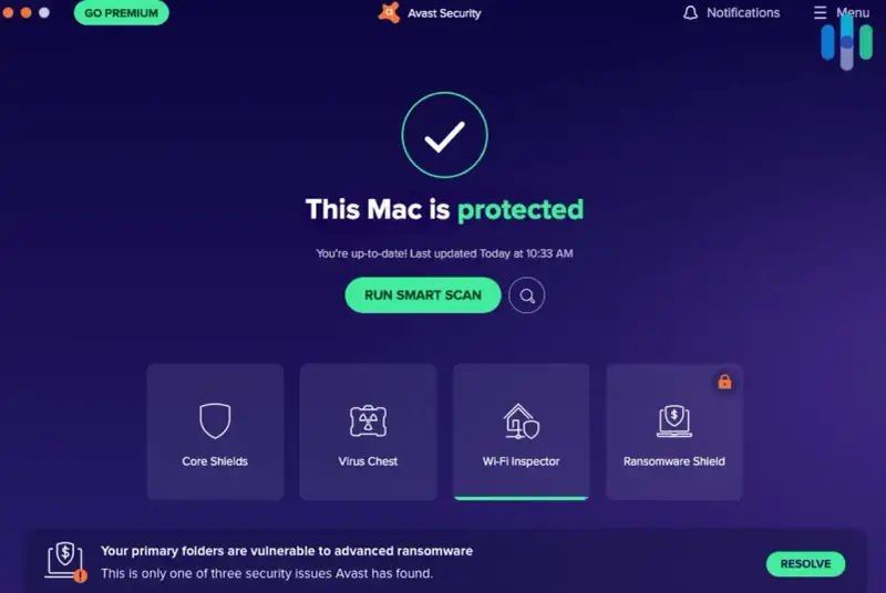 Interfejs Avast Security informuje, że Mac jest chroniony. Kliknij "RUN SMART SCAN", aby dowiedzieć się, jak przeskanować komputer i rozwiązać problemy z bezpieczeństwem.